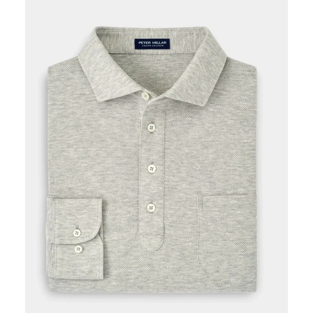 Peter Millar -L- Crown Crafted Linen Long-Sleeve Polo Shirt British Grey $225